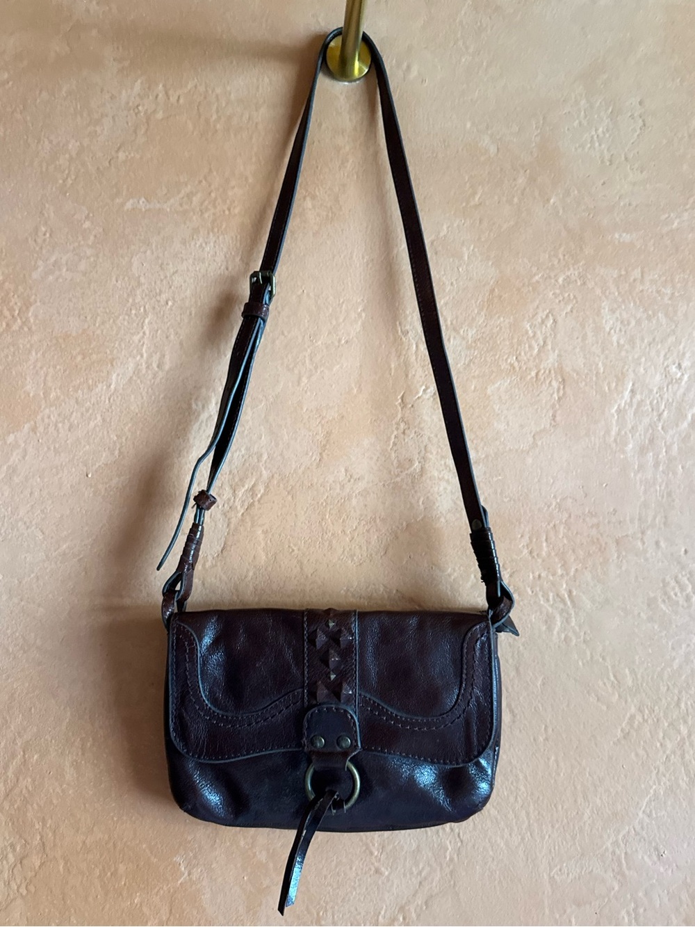 Frye Dark Brown Leather Studded Crossbody Bag Boho Western